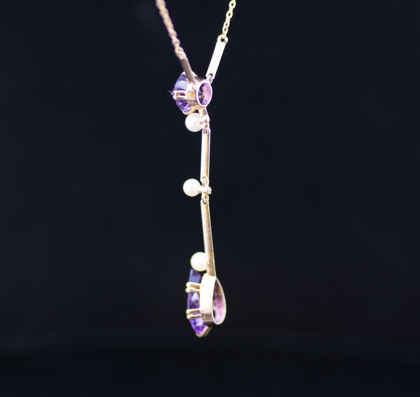 Antique Edwardian 9ct Amethyst and Natural Pearl Lavalier / Negligee Necklace. Circa 1910