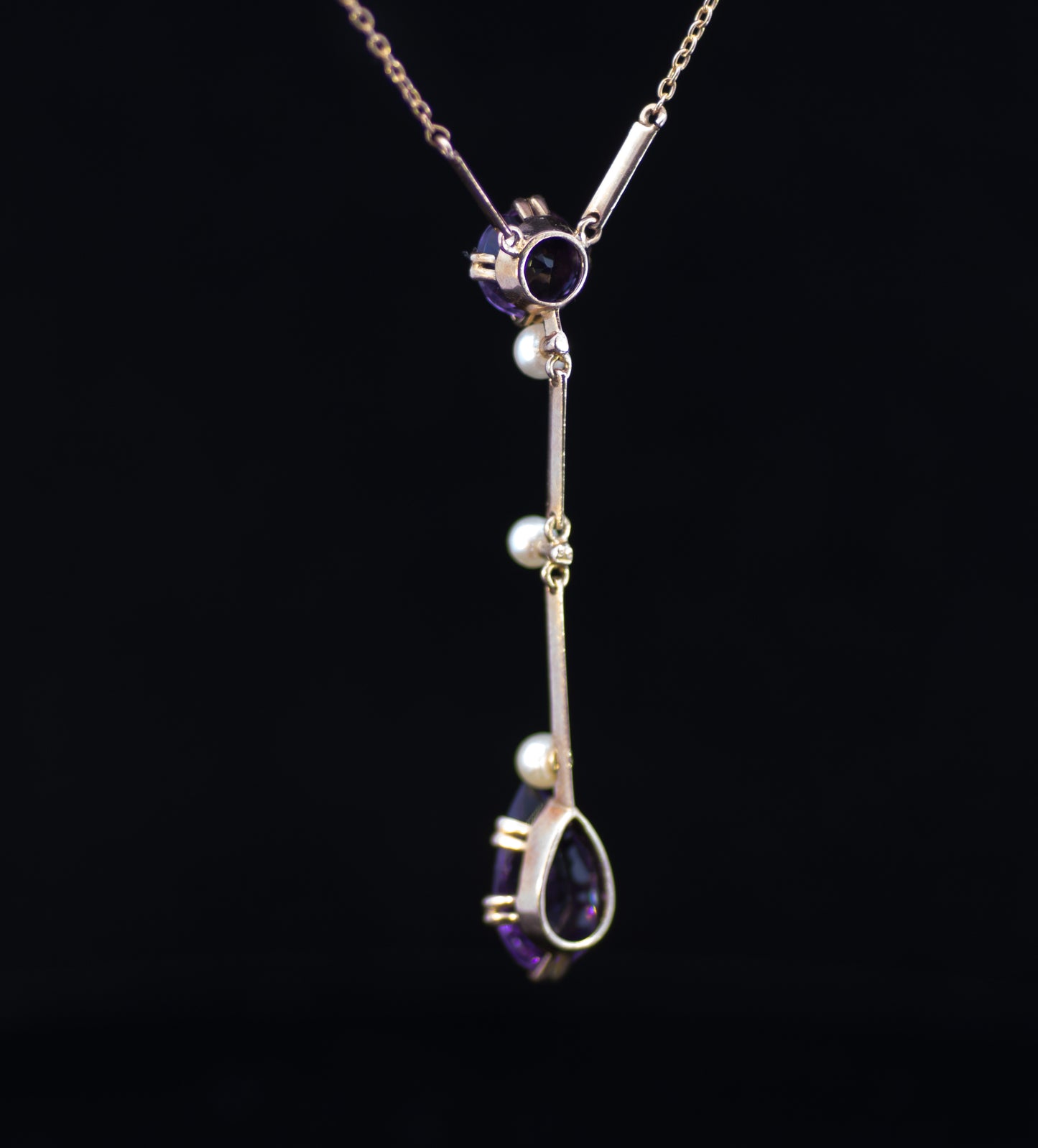 Antique Edwardian 9ct Amethyst and Natural Pearl Lavalier / Negligee Necklace. Circa 1910