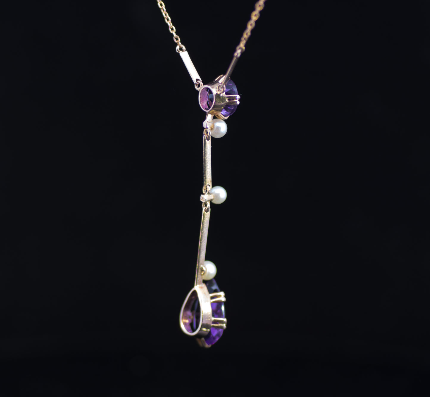 Antique Edwardian 9ct Amethyst and Natural Pearl Lavalier / Negligee Necklace. Circa 1910