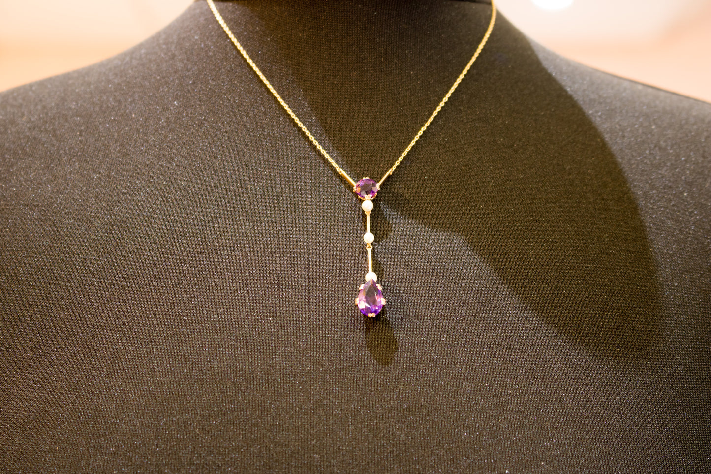 Antique Edwardian 9ct Amethyst and Natural Pearl Lavalier / Negligee Necklace. Circa 1910
