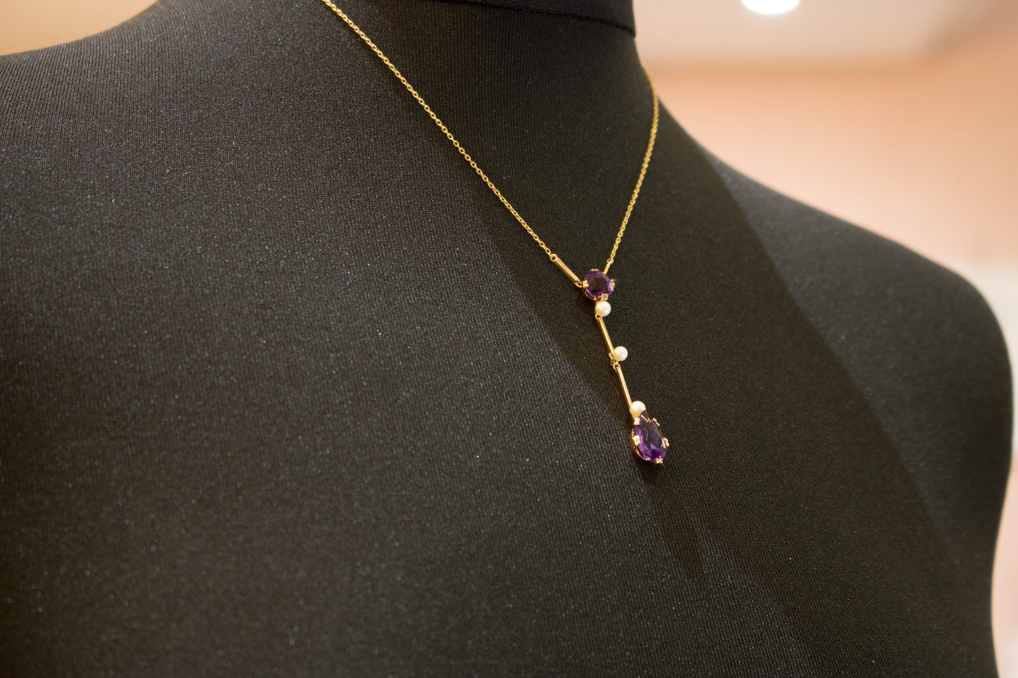 Antique Edwardian 9ct Amethyst and Natural Pearl Lavalier / Negligee Necklace. Circa 1910