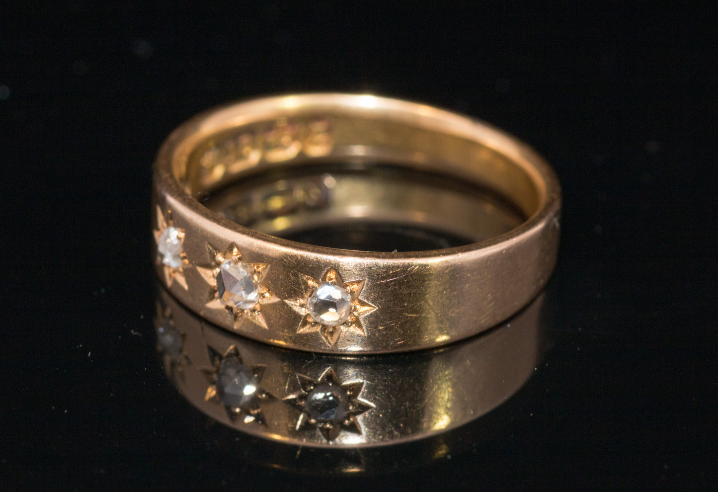 Antique 18ct Gold Gypsy Set Rose-cut Diamond 3 stone ring