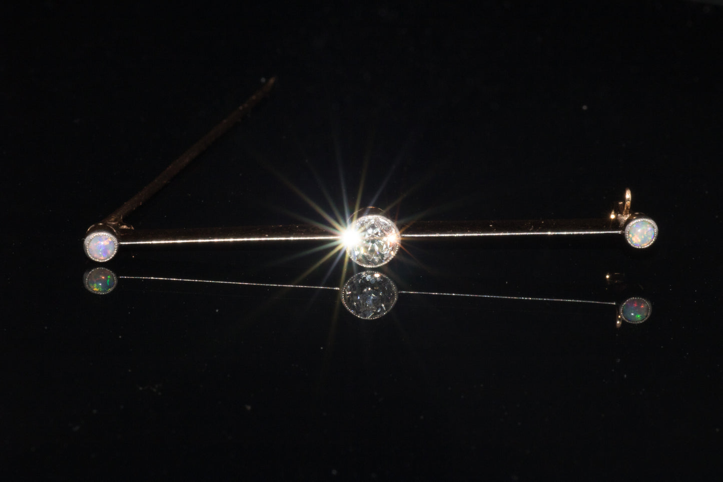 Antique Art-Deco 15ct Gold & Platinum Old European Cut Diamond and Natural Opal Bar Brooch. English Circa 1910/1920
