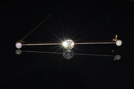 Antique Art-Deco 15ct Gold & Platinum Old European Cut Diamond and Natural Opal Bar Brooch. English Circa 1910/1920