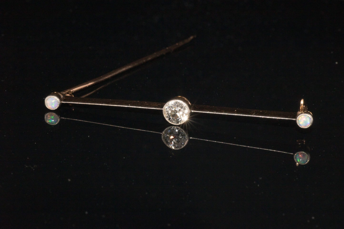 Antique Art-Deco 15ct Gold & Platinum Old European Cut Diamond and Natural Opal Bar Brooch. English Circa 1910/1920