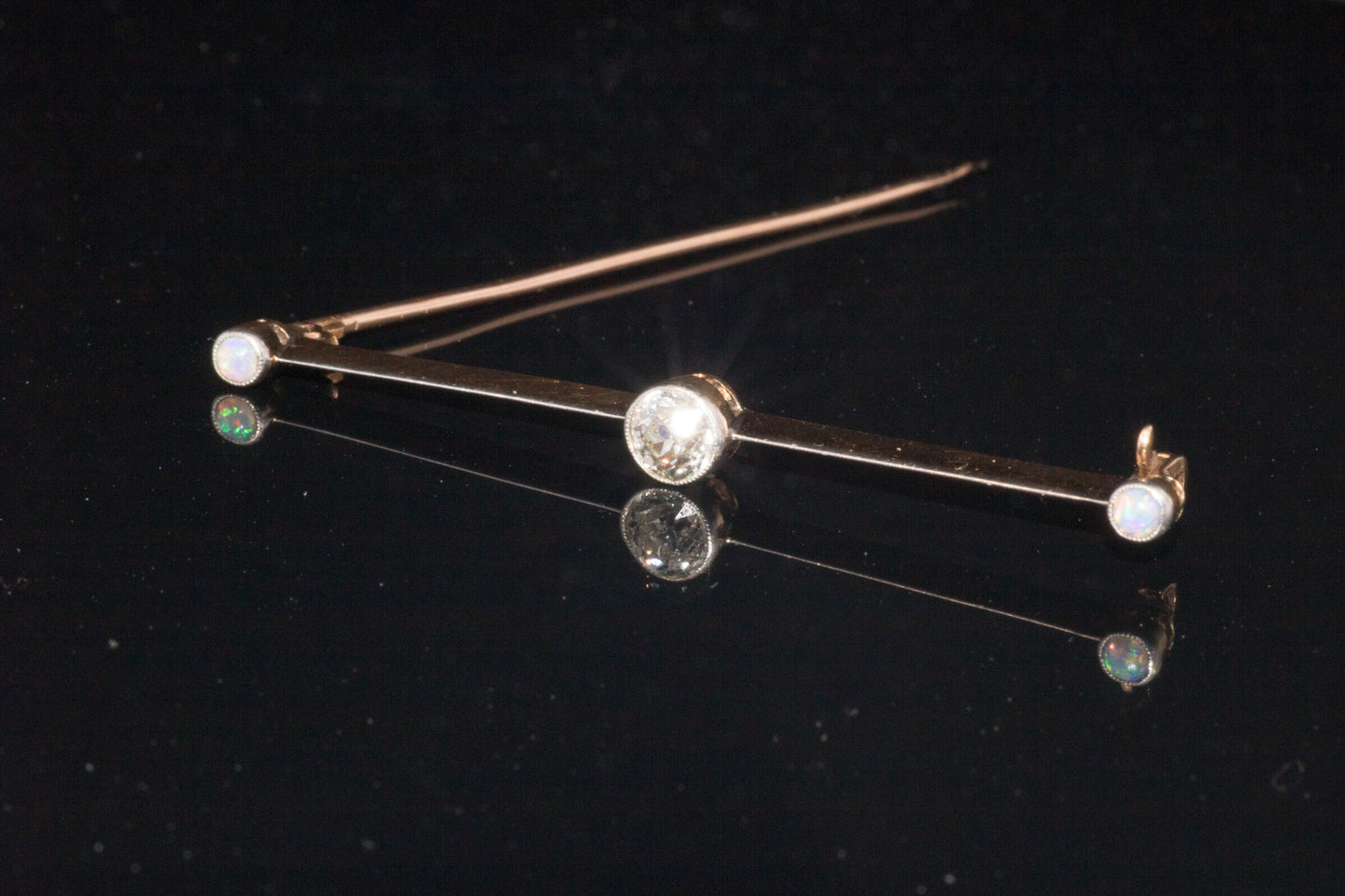 Antique Art-Deco 15ct Gold & Platinum Old European Cut Diamond and Natural Opal Bar Brooch. English Circa 1910/1920