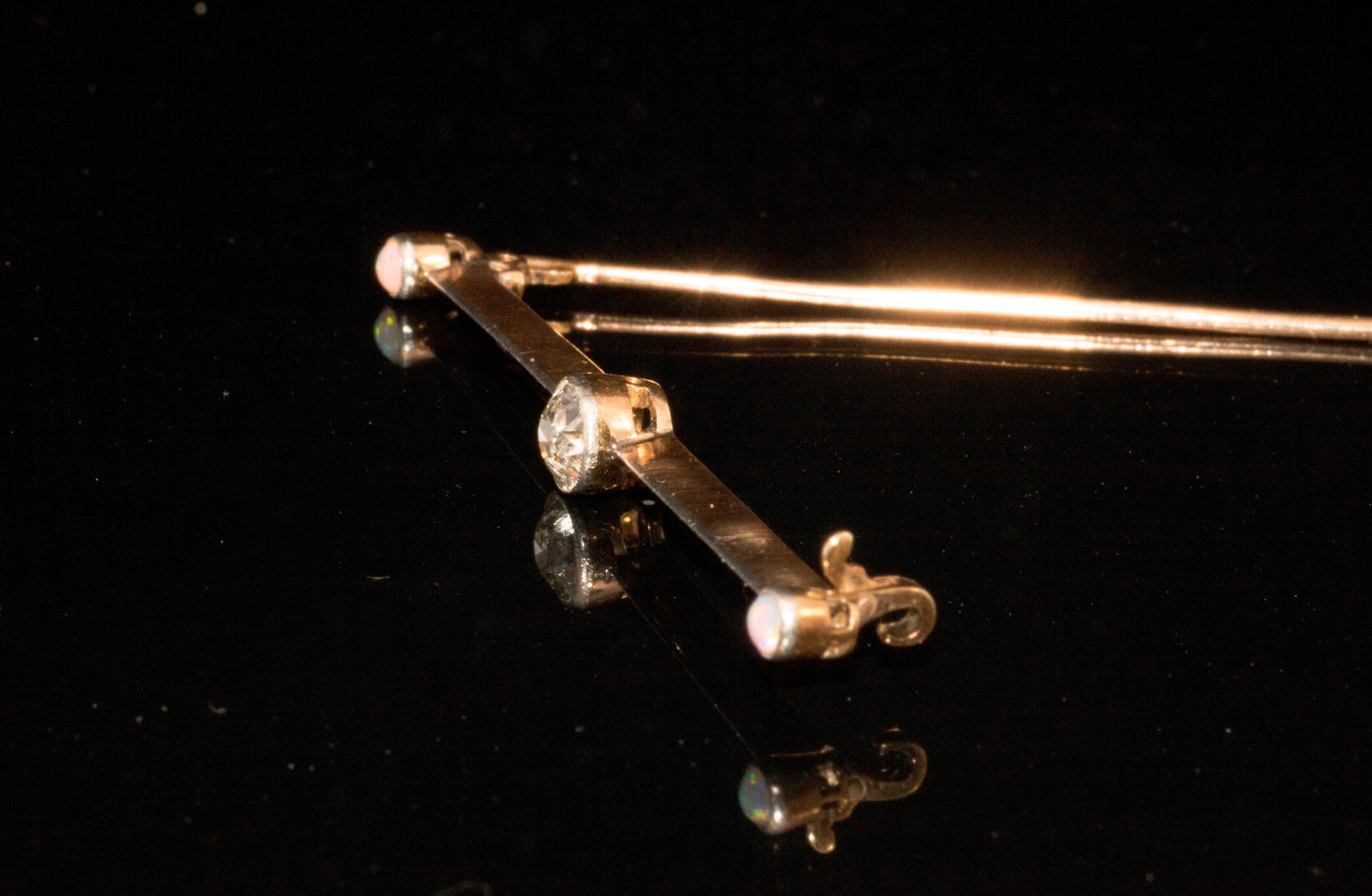 Antique Art-Deco 15ct Gold & Platinum Old European Cut Diamond and Natural Opal Bar Brooch. English Circa 1910/1920