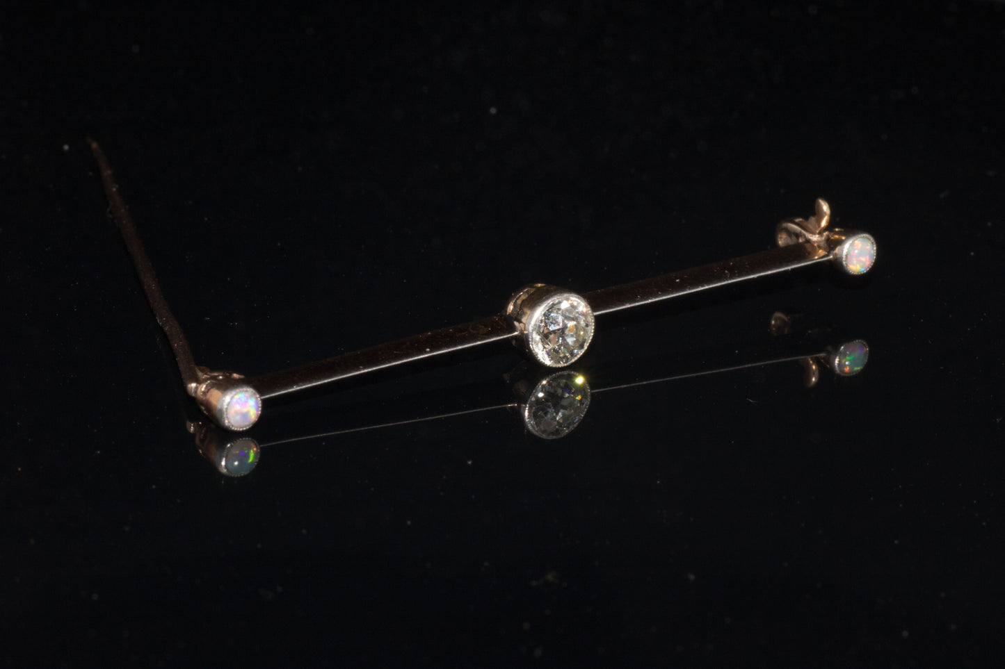 Antique Art-Deco 15ct Gold & Platinum Old European Cut Diamond and Natural Opal Bar Brooch. English Circa 1910/1920