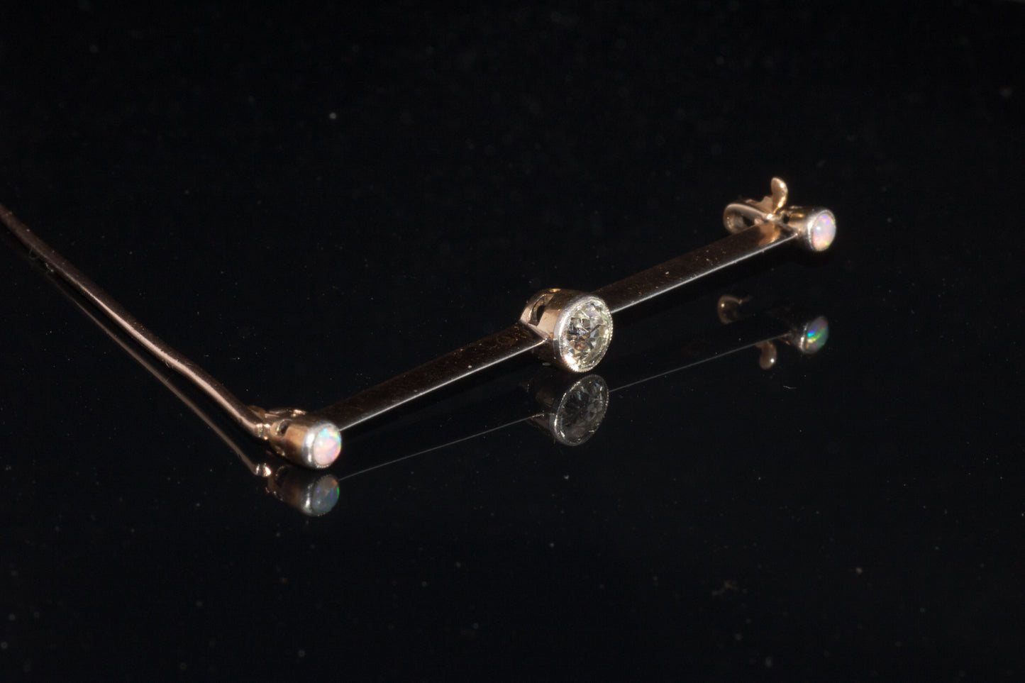 Antique Art-Deco 15ct Gold & Platinum Old European Cut Diamond and Natural Opal Bar Brooch. English Circa 1910/1920