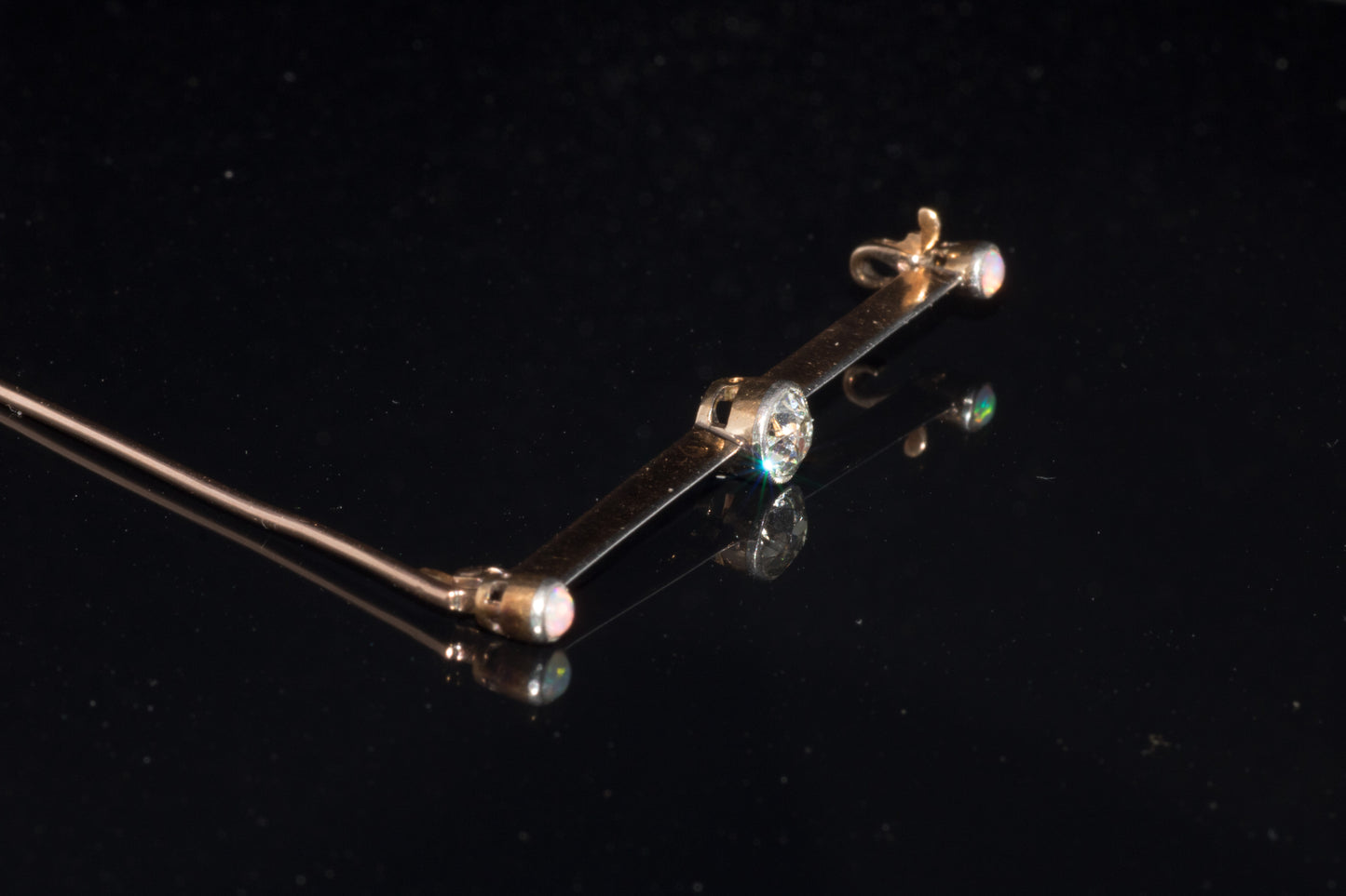 Antique Art-Deco 15ct Gold & Platinum Old European Cut Diamond and Natural Opal Bar Brooch. English Circa 1910/1920