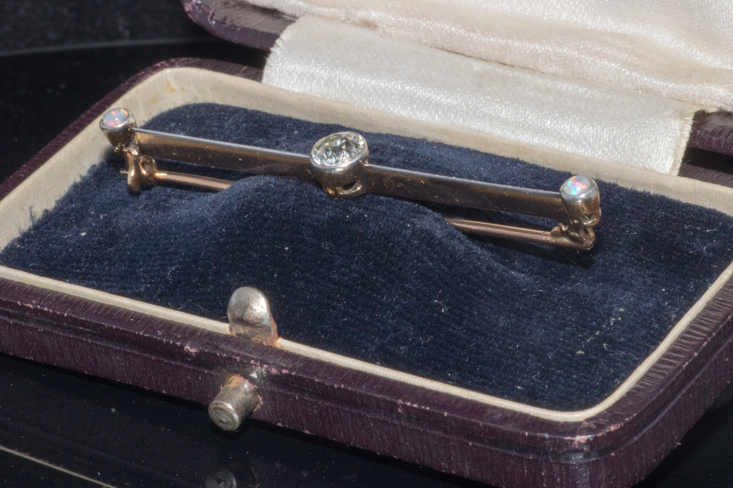 Antique Art-Deco 15ct Gold & Platinum Old European Cut Diamond and Natural Opal Bar Brooch. English Circa 1910/1920