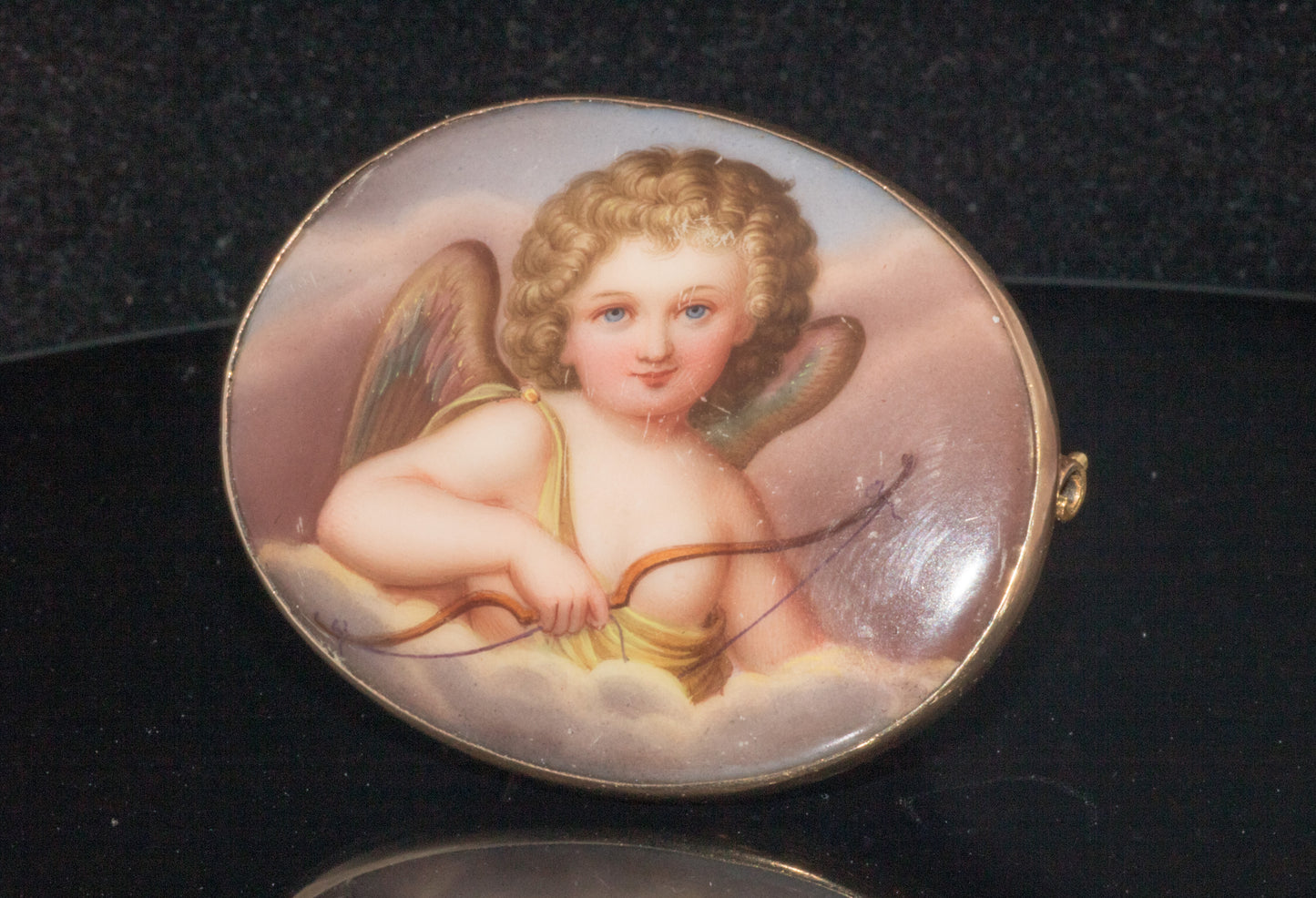 Antique 9ct Gold Hand Painted Cherub Brooch C. 1890s. Late Victorian. Porcelain.