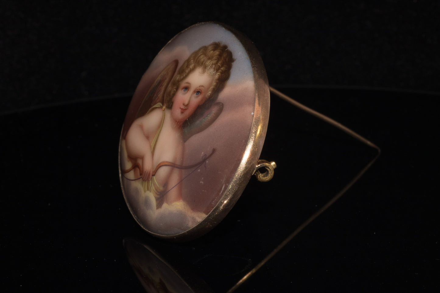 Antique 9ct Gold Hand Painted Cherub Brooch C. 1890s. Late Victorian. Porcelain.