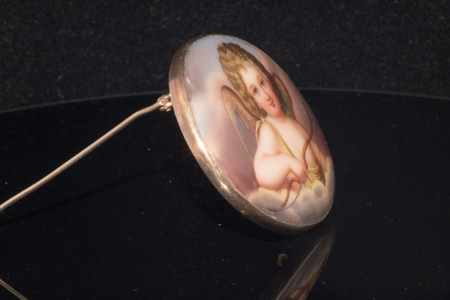 Antique 9ct Gold Hand Painted Cherub Brooch C. 1890s. Late Victorian. Porcelain.