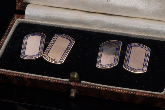 Art Deco 9ct Gold  Blue Enamel Cufflinks. Attractive Grecian Style Decoration.