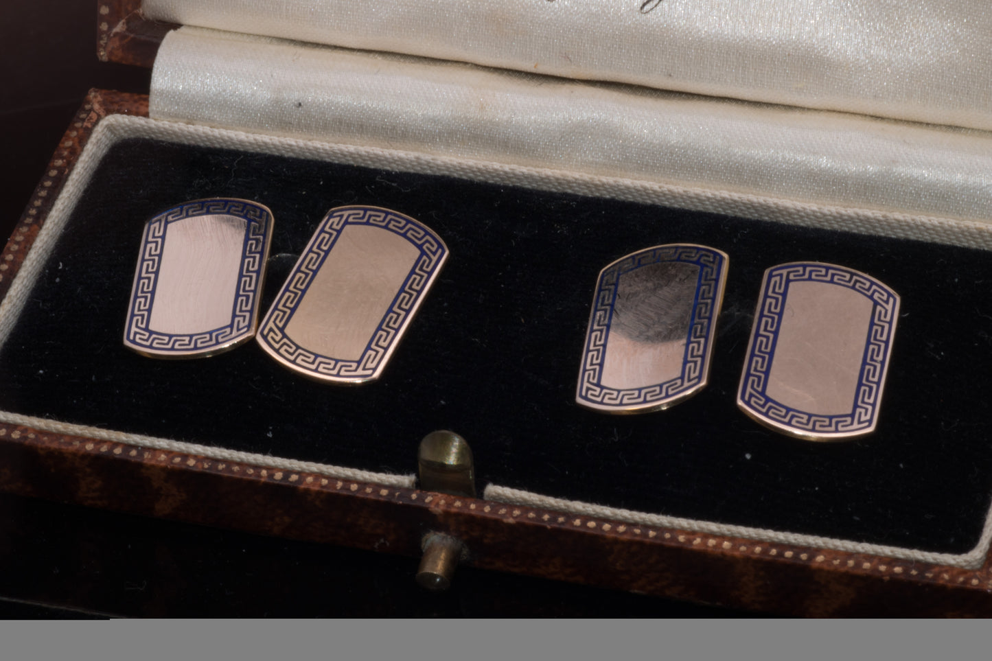 Art Deco 9ct Gold  Blue Enamel Cufflinks. Attractive Grecian Style Decoration.