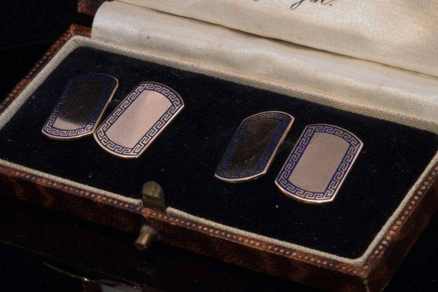 Art Deco 9ct Gold  Blue Enamel Cufflinks. Attractive Grecian Style Decoration.
