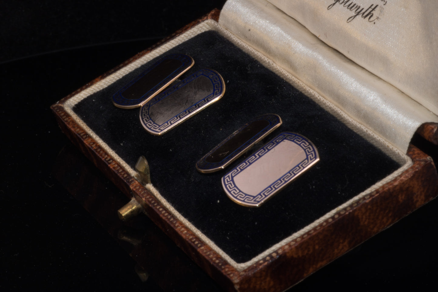 Art Deco 9ct Gold  Blue Enamel Cufflinks. Attractive Grecian Style Decoration.