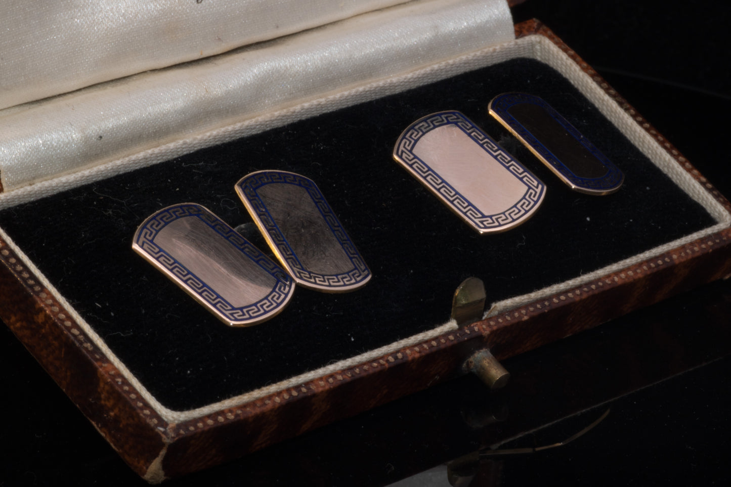 Art Deco 9ct Gold  Blue Enamel Cufflinks. Attractive Grecian Style Decoration.
