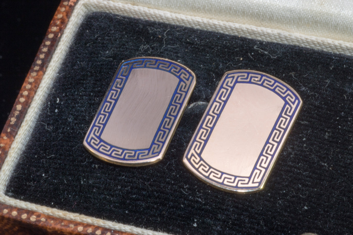 Art Deco 9ct Gold  Blue Enamel Cufflinks. Attractive Grecian Style Decoration.
