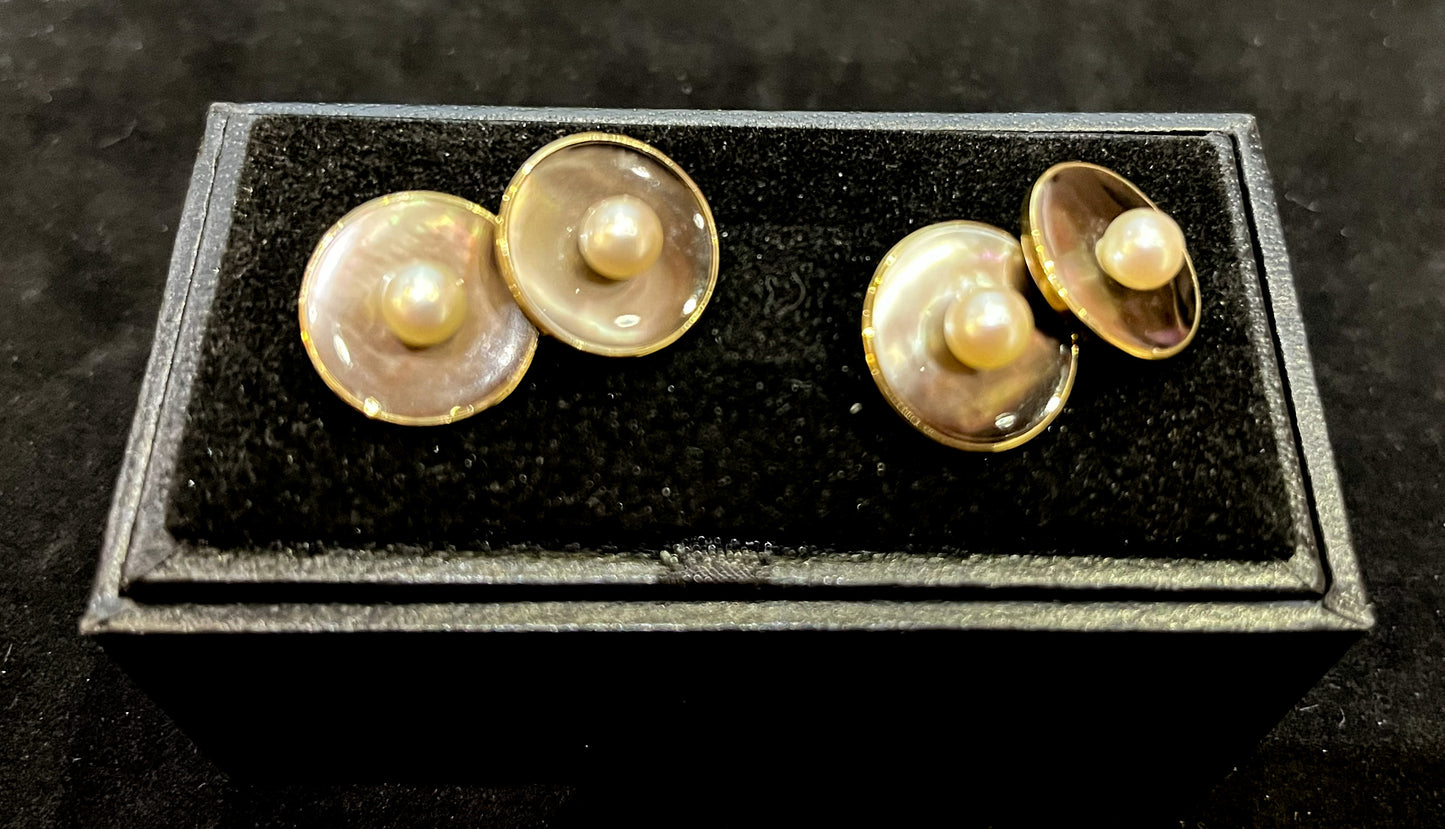 14ct Gold Mikimoto Cufflinks. Grey Mother Of Pear / White Cultured Pearl.
