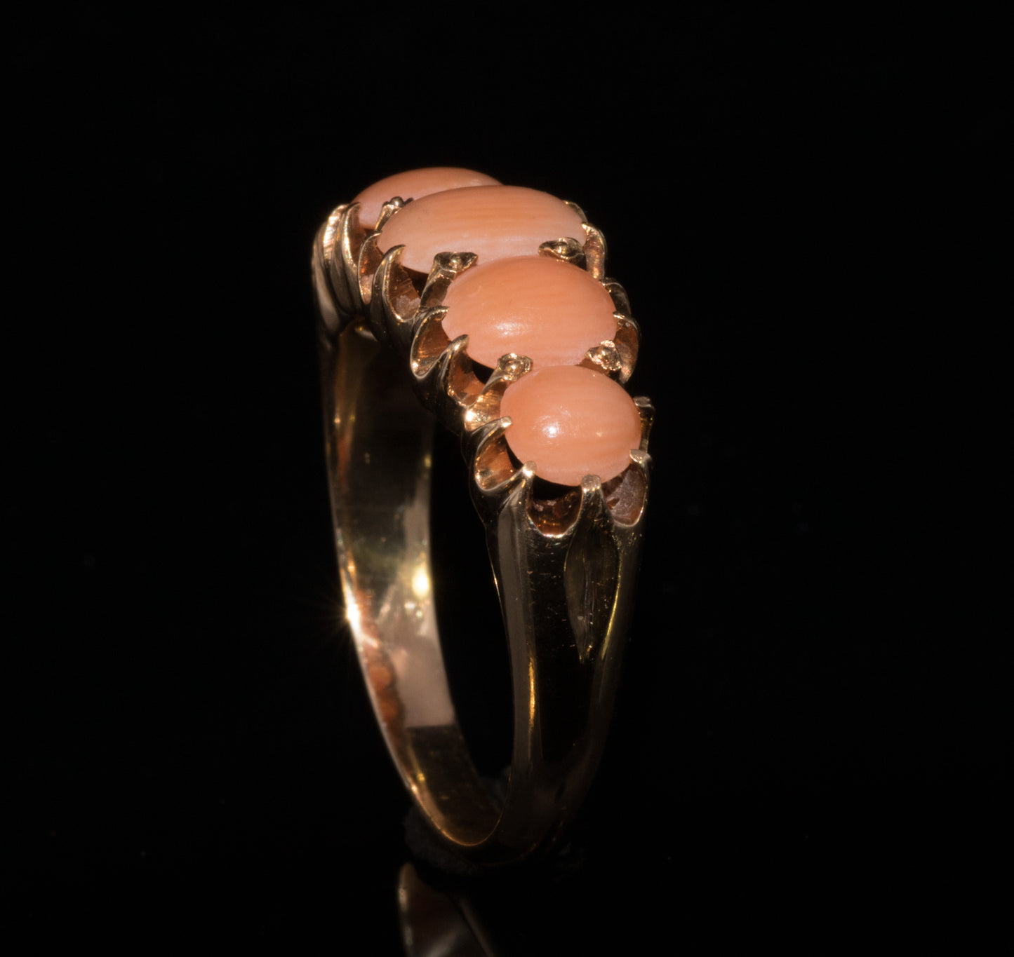 Antique 15ct Gold Victorian Carved 5 Stone Coral Ring C.1880s