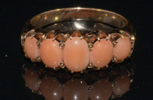 Antique 15ct Gold Victorian Carved 5 Stone Coral Ring C.1880s