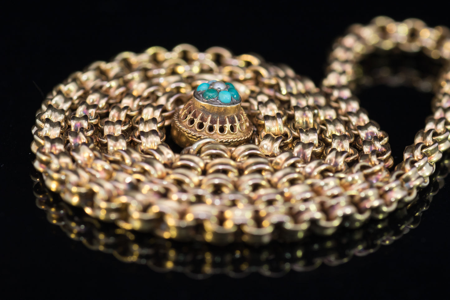 Antique 15ct Gold Regency Chain, Turquoise and Opal Clasp 20.5inch