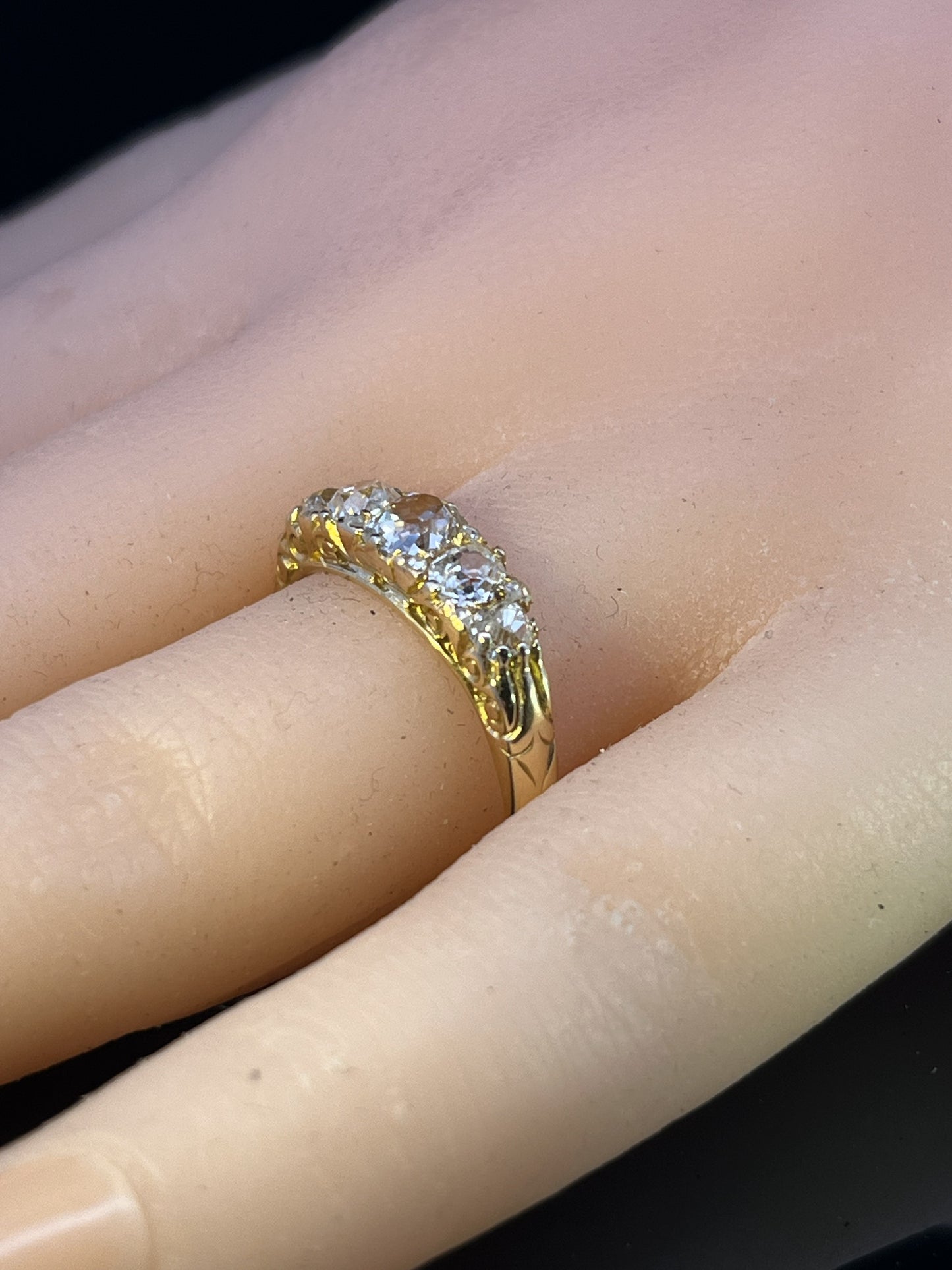 Antique Victorian 5 Stone 'Carved Shoulders' Diamond Ring With Diamond `Points`.  C 1900