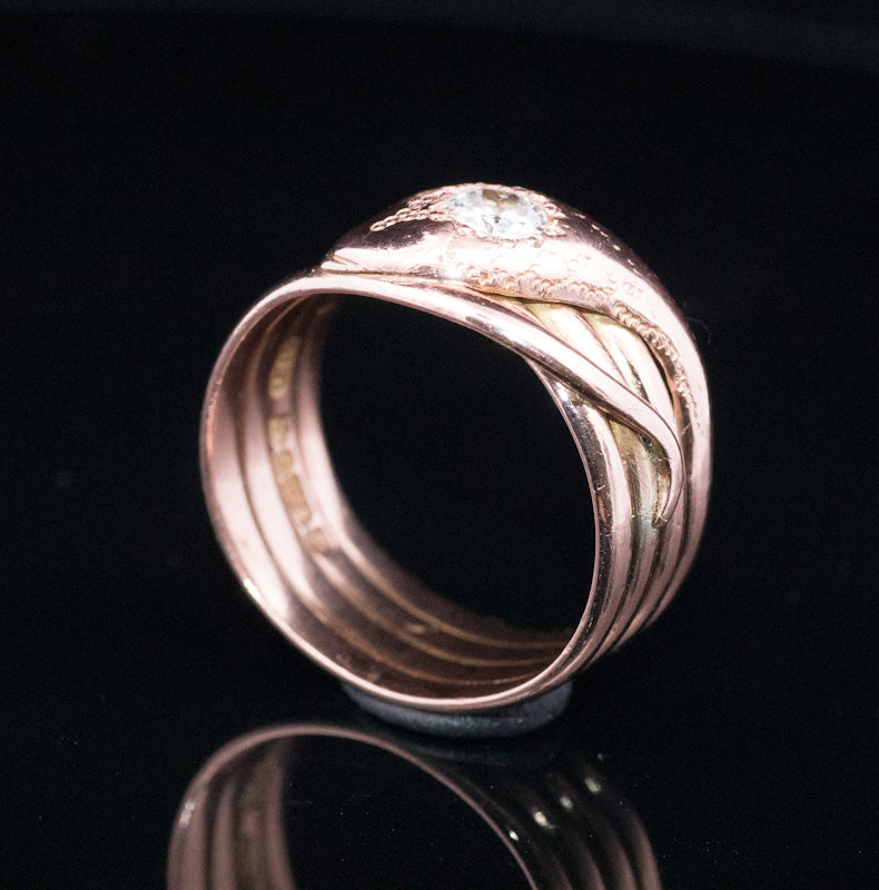 Antique 9ct Rose Gold and Diamond Snake Ring. Assayed in Chester 1919