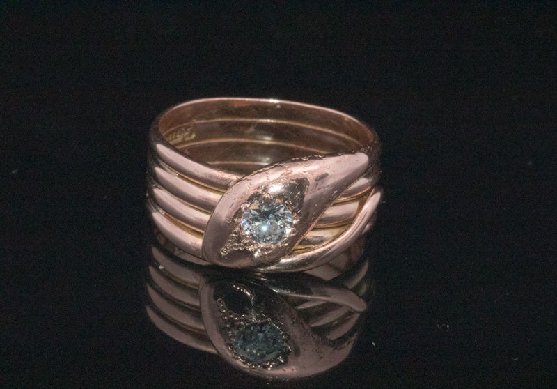 Antique 9ct Rose Gold and Diamond Snake Ring. Assayed in Chester 1919