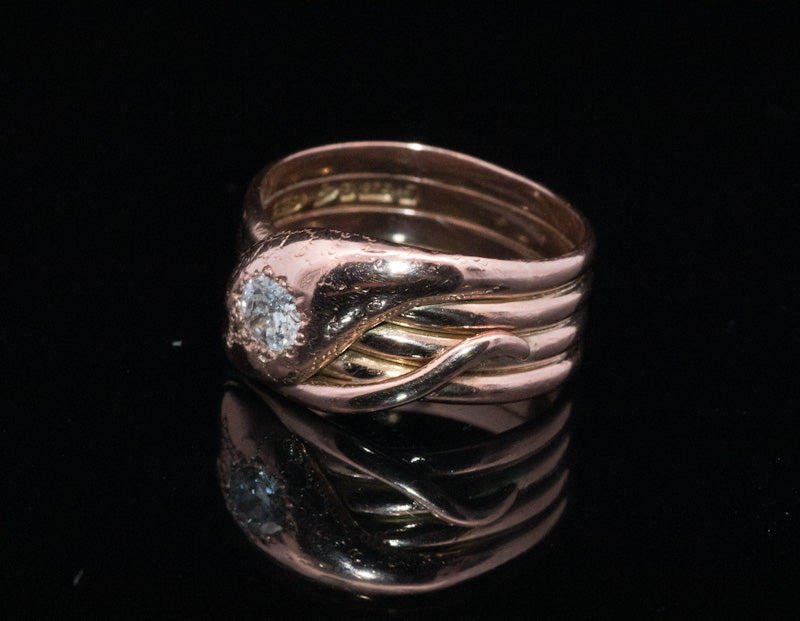 Antique 9ct Rose Gold and Diamond Snake Ring. Assayed in Chester 1919
