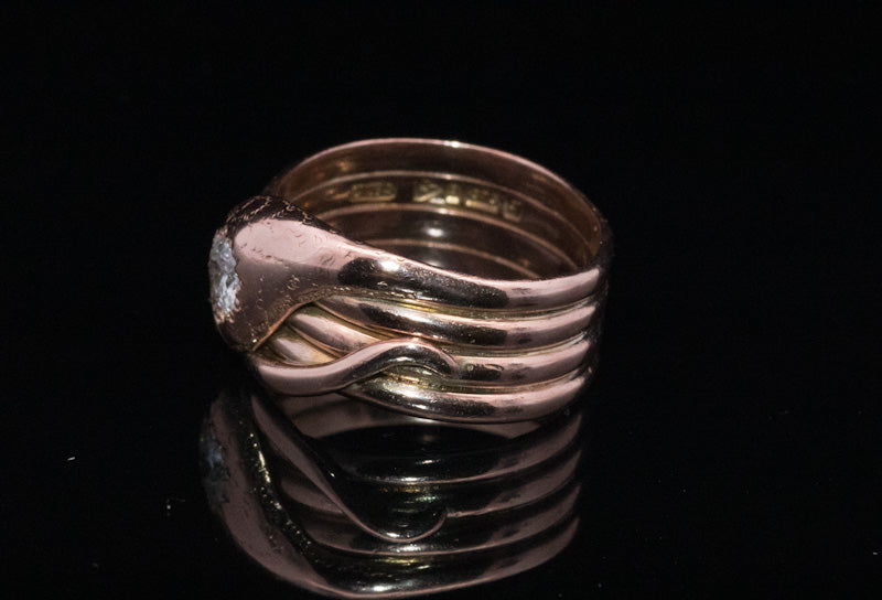 Antique 9ct Rose Gold and Diamond Snake Ring. Assayed in Chester 1919