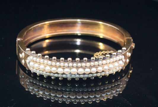 Outstanding Antique 15ct Gold Etruscan Revival Bangle. Circa 1870. Natural Split Pearls. Hinged.