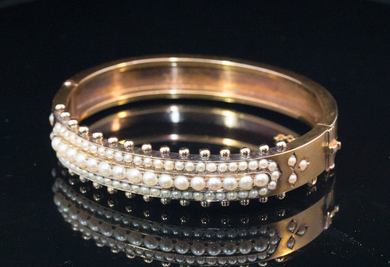 Outstanding Antique 15ct Gold Etruscan Revival Bangle. Circa 1870. Natural Split Pearls. Hinged.