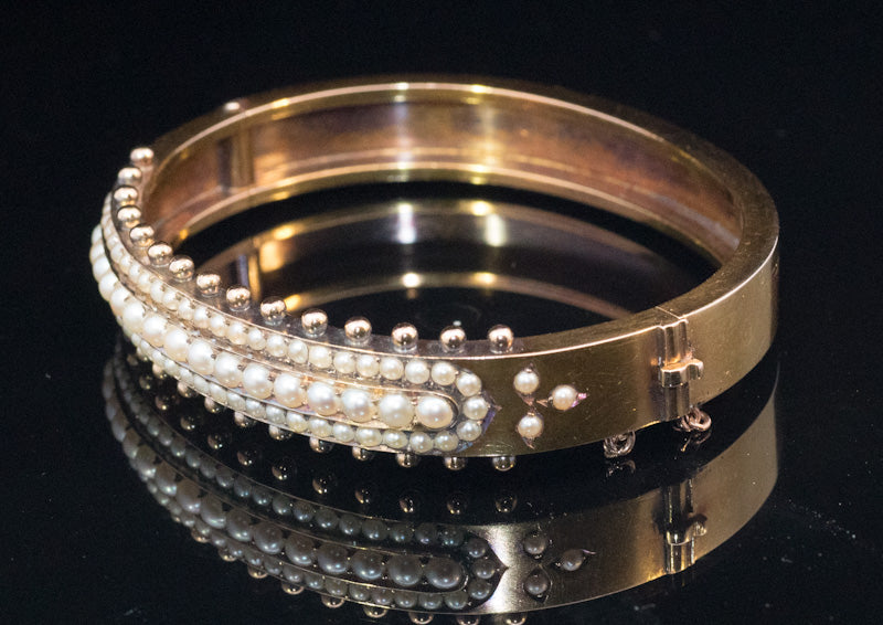 Outstanding Antique 15ct Gold Etruscan Revival Bangle. Circa 1870. Natural Split Pearls. Hinged.