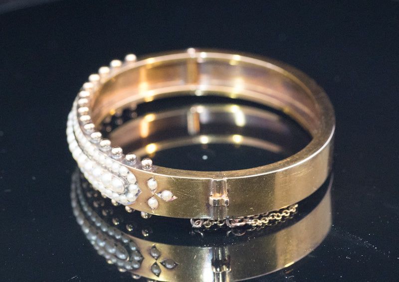 Outstanding Antique 15ct Gold Etruscan Revival Bangle. Circa 1870. Natural Split Pearls. Hinged.