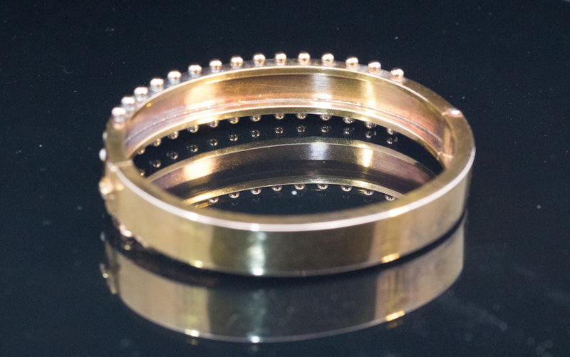 Outstanding Antique 15ct Gold Etruscan Revival Bangle. Circa 1870. Natural Split Pearls. Hinged.