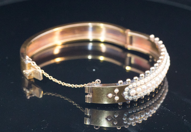 Outstanding Antique 15ct Gold Etruscan Revival Bangle. Circa 1870. Natural Split Pearls. Hinged.