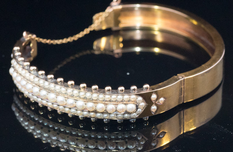 Outstanding Antique 15ct Gold Etruscan Revival Bangle. Circa 1870. Natural Split Pearls. Hinged.
