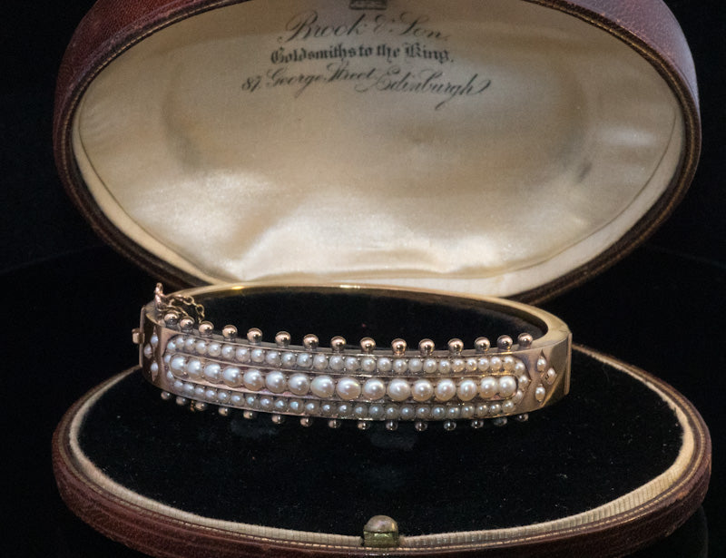 Outstanding Antique 15ct Gold Etruscan Revival Bangle. Circa 1870. Natural Split Pearls. Hinged.