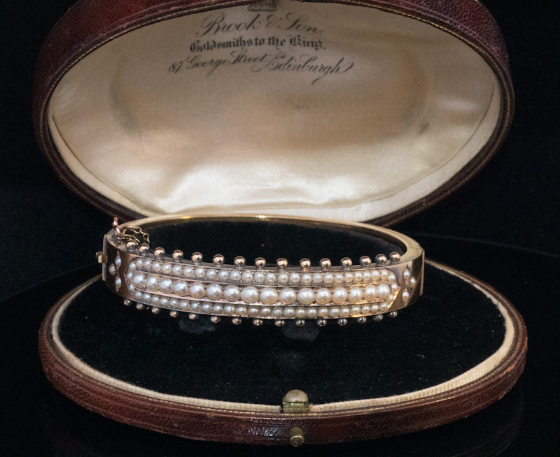 Outstanding Antique 15ct Gold Etruscan Revival Bangle. Circa 1870. Natural Split Pearls. Hinged.