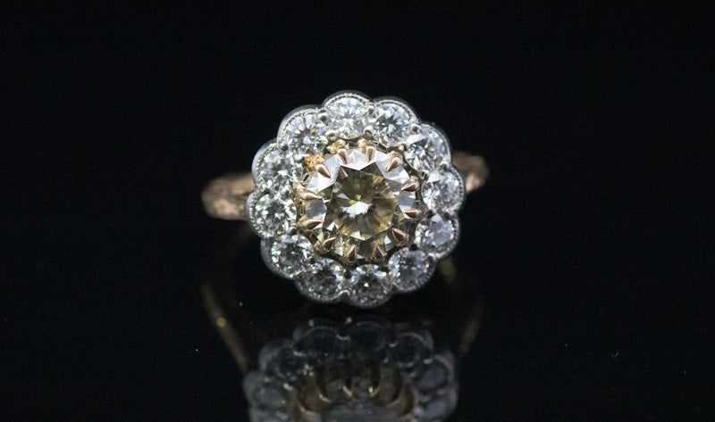 Unique 18ct and Platinum 1.66ct Fancy Yellow Diamond Cluster Ring. 2.94ct Total.