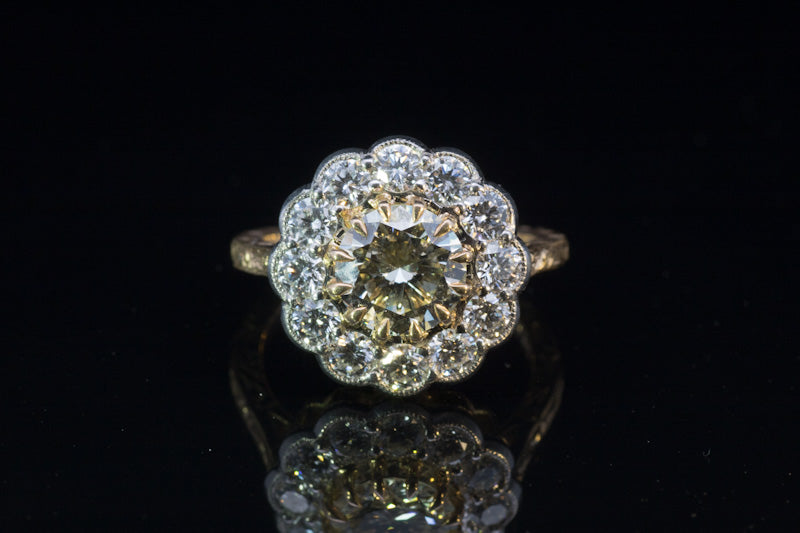 Unique 18ct and Platinum 1.66ct Fancy Yellow Diamond Cluster Ring. 2.94ct Total.