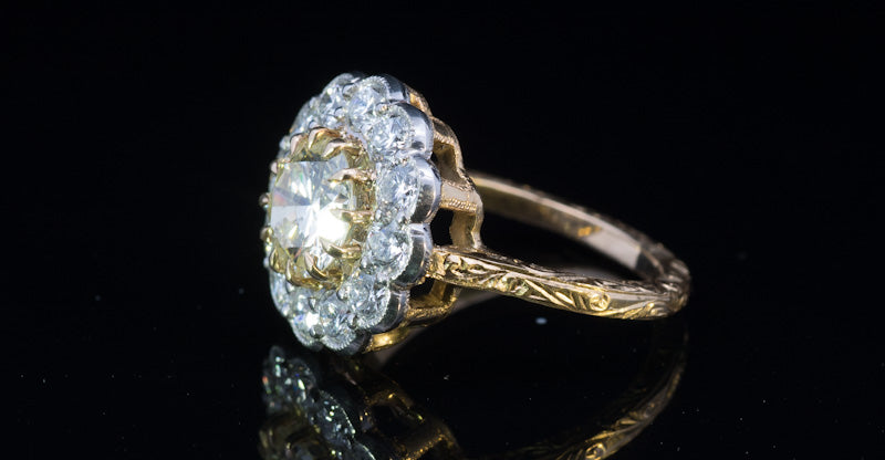 Unique 18ct and Platinum 1.66ct Fancy Yellow Diamond Cluster Ring. 2.94ct Total.