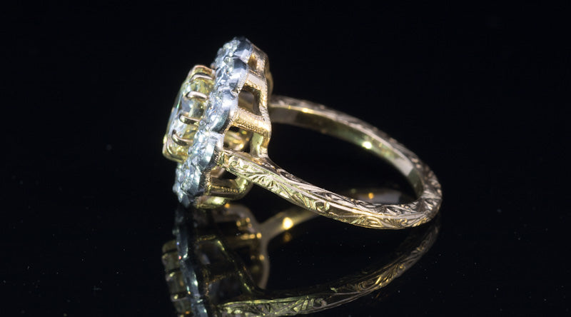 Unique 18ct and Platinum 1.66ct Fancy Yellow Diamond Cluster Ring. 2.94ct Total.