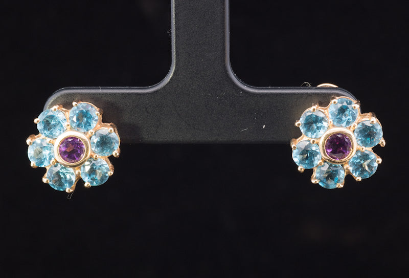Vintage Blue Zircon and Amethyst 14ct Gold Earrings