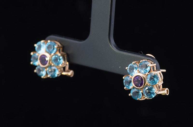 Vintage Blue Zircon and Amethyst 14ct Gold Earrings