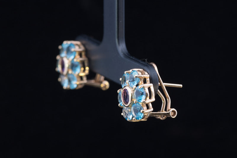 Vintage Blue Zircon and Amethyst 14ct Gold Earrings