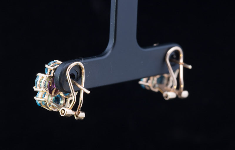 Vintage Blue Zircon and Amethyst 14ct Gold Earrings